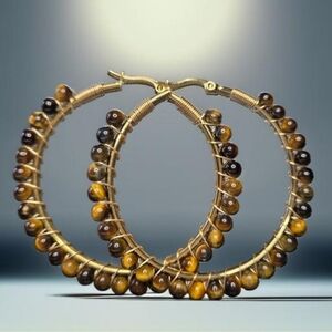 18k Gold Plated Tigers Eye Stone Oversized 2" Bead Hoops